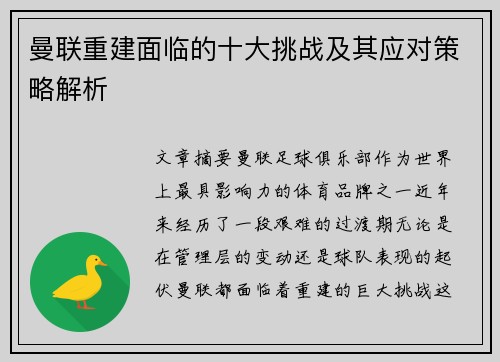 曼联重建面临的十大挑战及其应对策略解析