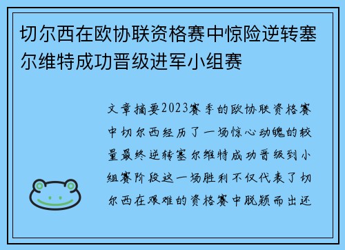 切尔西在欧协联资格赛中惊险逆转塞尔维特成功晋级进军小组赛